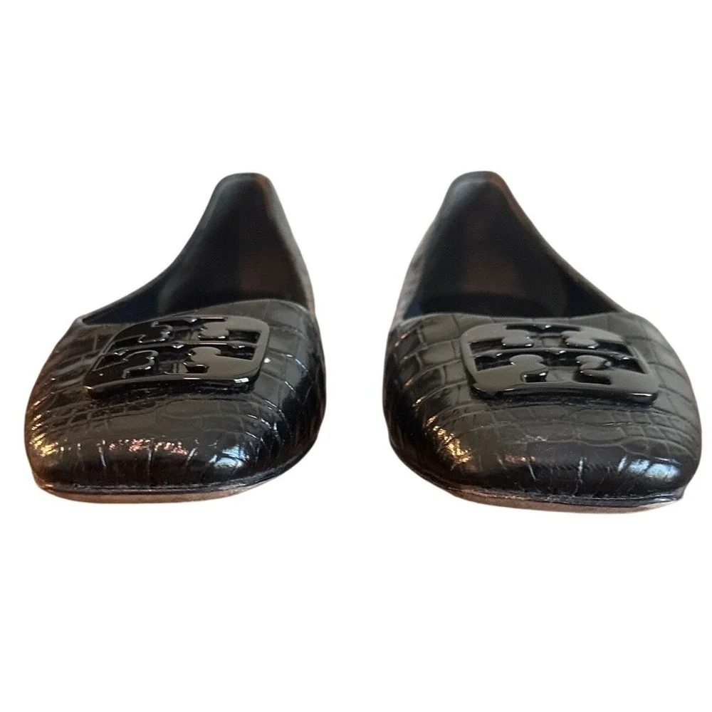 Tory Burch Georgia Croc Patent Leather Square Toe Ballet Flats Black 8
